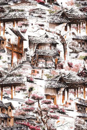 手绘 大牌 复古 景观 建筑 房子 中国风印花华亿平台图片