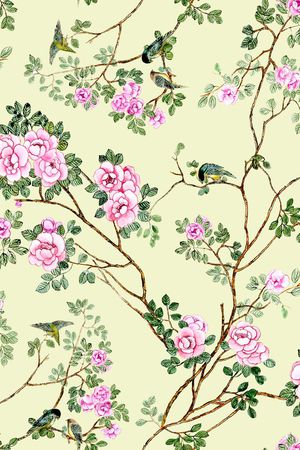 浅底 手绘花卉 树 鸟印花华亿平台图片