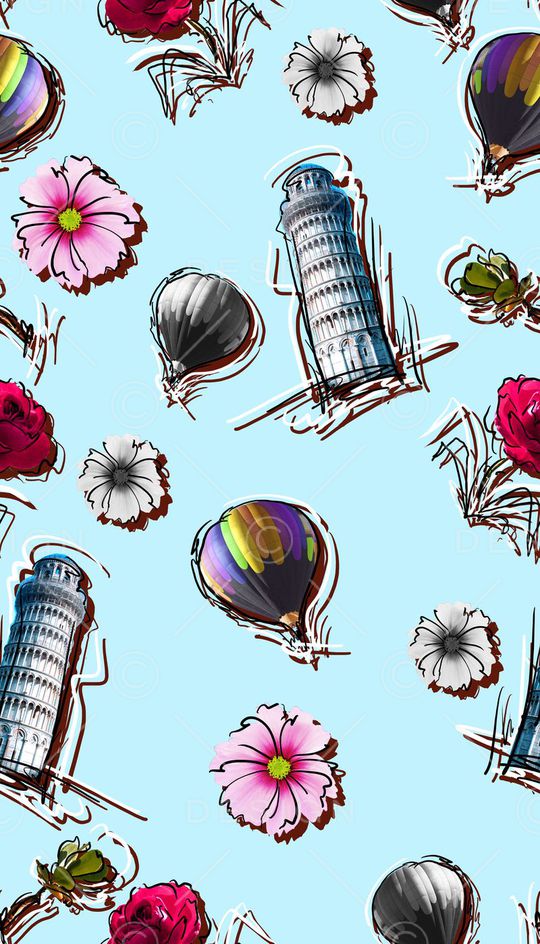建筑、花卉、热气球、勾线手法印花华亿平台图片