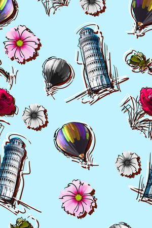 建筑、花卉、热气球、勾线手法印花华亿平台图片