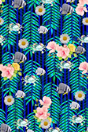 树叶 鱼 螃蟹印花华亿平台图片