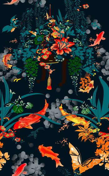 585192-手绘鱼花纹纹样组合图