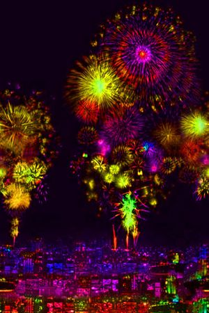 霓虹灯下朦胧的城市 礼花 女装印花华亿平台图片