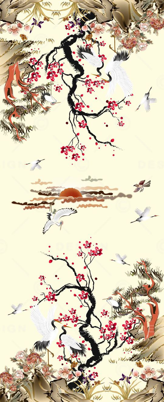 方巾中国风复古仙鹤梅花定位图印花华亿平台图片