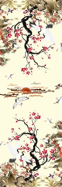 方巾中国风复古仙鹤梅花定位图印花华亿平台图片