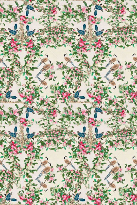 简约 满版 手绘 鸟 果实 桃子 中国风 女装 床品 箱包印花华亿平台图片