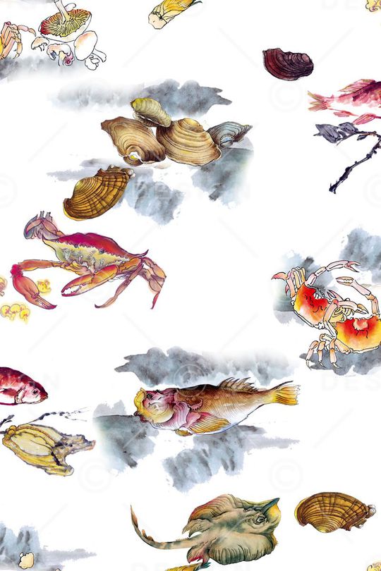 水彩鱼虾印花华亿平台图片