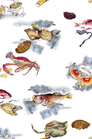 水彩鱼虾印花华亿平台图片