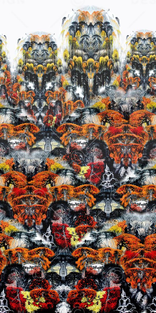 中国风 定位风景印花 水墨 秋山  女装印花华亿平台图片