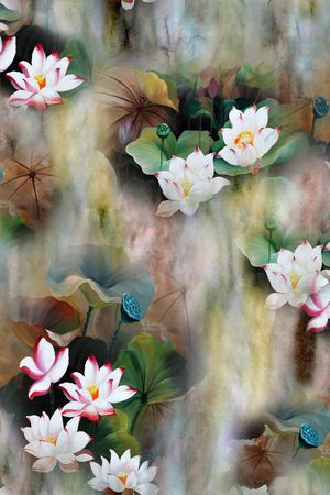 油画荷花印花华亿平台图片