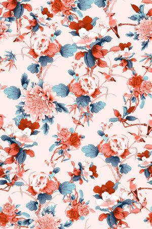 中国风、花鸟、牡丹花、工笔画印花华亿平台图片