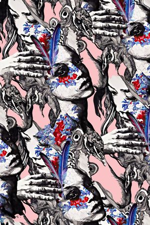 抽象几何清爽梦幻艺术平底立体手绘满版最新高清数码蕾丝民族中国风绣花珠宝肌理时尚潮

流大牌复古欧美风女装衬衫印花华亿平台图片