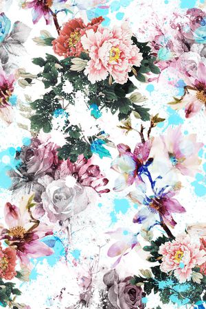 国画牡丹、水彩花卉、喷溅元素印花华亿平台图片