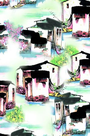 手绘、水墨、建筑、中国风印花华亿平台图片