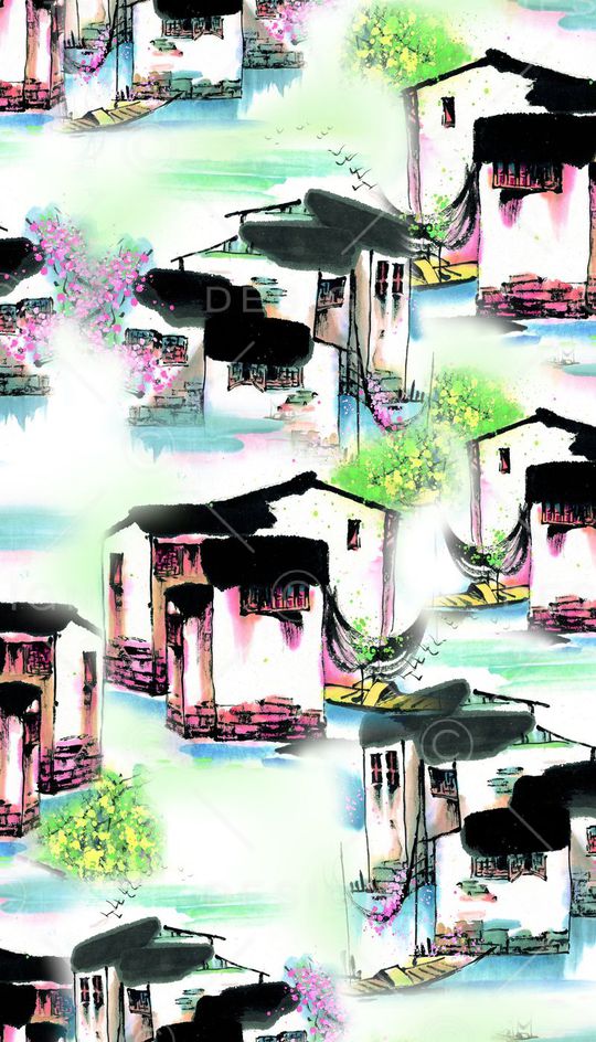 手绘、水墨、建筑、中国风印花华亿平台图片