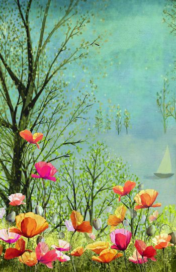 596405-彩色花朵 绣花风景树木底纹