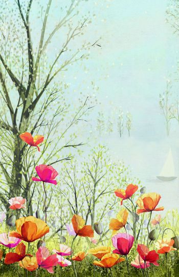 596406-彩色花朵 绣花风景树木底纹