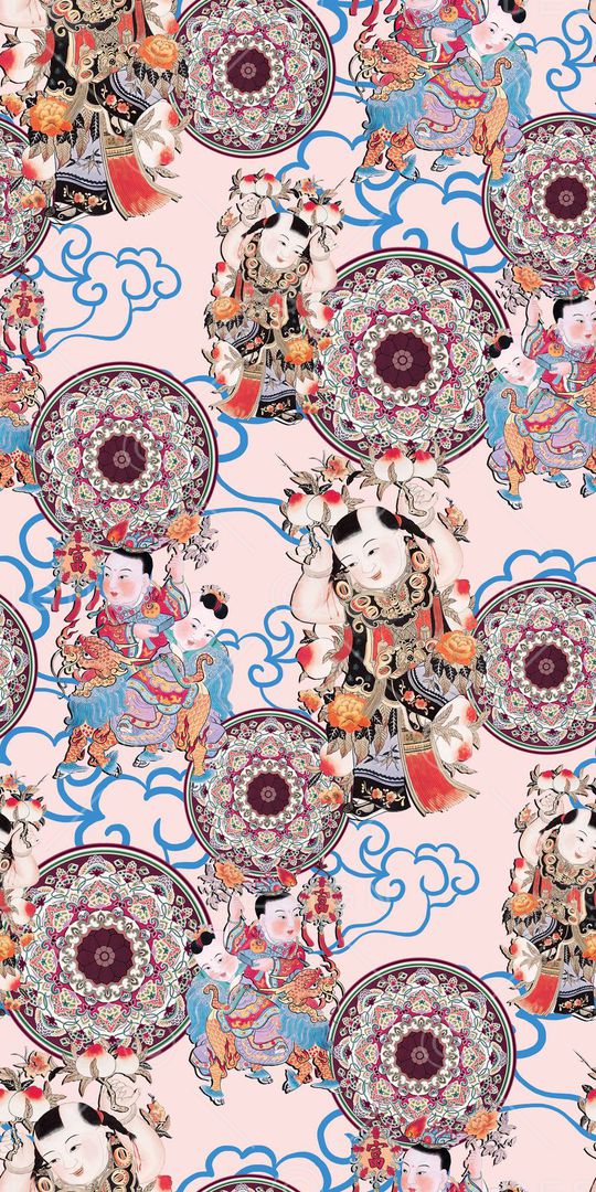 中国风纹饰、手绘人物、祥云底纹印花华亿平台图片