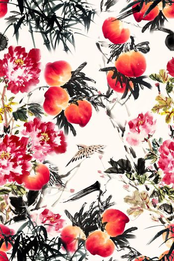 599169-中国风水墨写意图案桃李牡丹清风竹