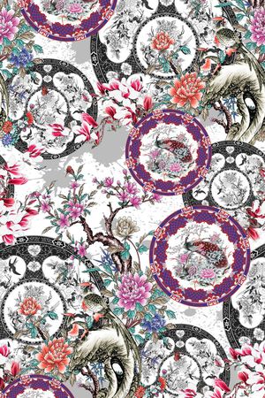 中国风圆盘、工笔花、泼墨喷溅印花华亿平台图片