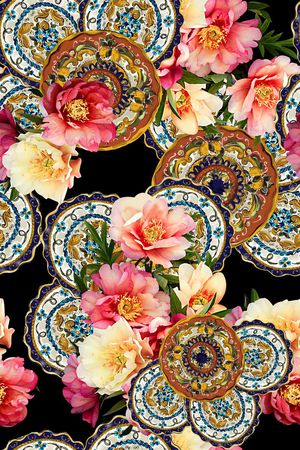 抽象几何清爽梦幻艺术平底立体手绘满版最新高清数码蕾丝民族中国风绣花珠宝肌理时尚潮

流大牌复古欧美风抽象女装印花华亿平台图片