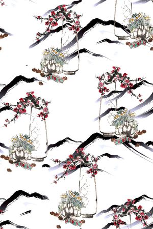 水墨梅花印花华亿平台图片