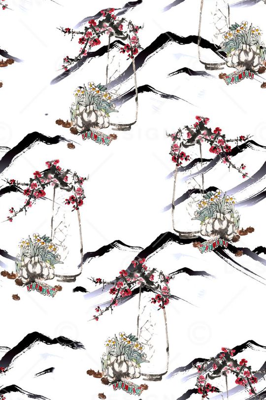 水墨梅花印花华亿平台图片