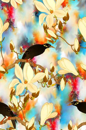 抽象几何清爽梦幻艺术平底立体手绘满版最新高清数码蕾丝民族中国风绣花珠宝肌理时尚潮

流大牌复古欧美风水彩花鸟印花华亿平台图片