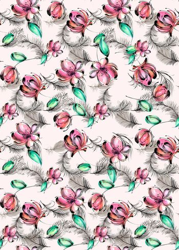 605533-手绘水彩花羽毛组合