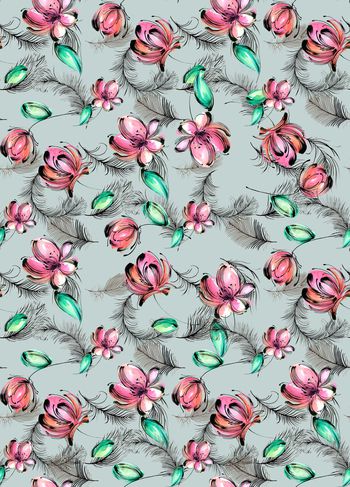 605534-手绘水彩花羽毛组合1