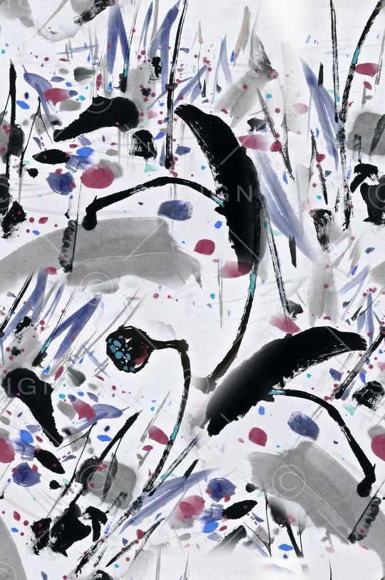 抽象水墨花卉印花华亿平台图片