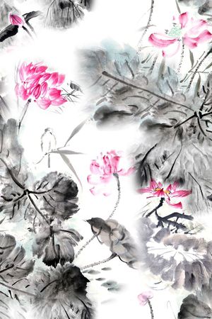 水墨荷花印花华亿平台图片