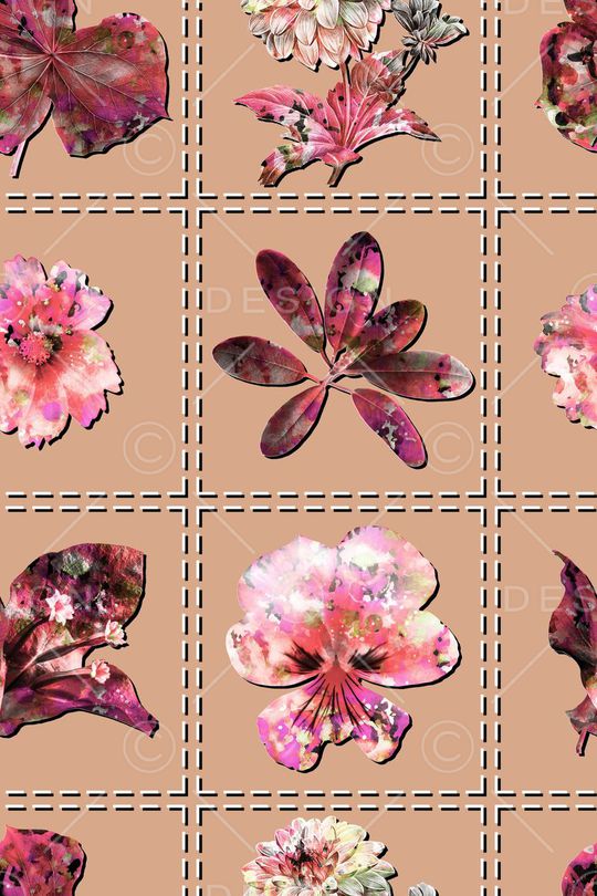 花卉、树叶、抽象叠加、虚线分割印花华亿平台图片