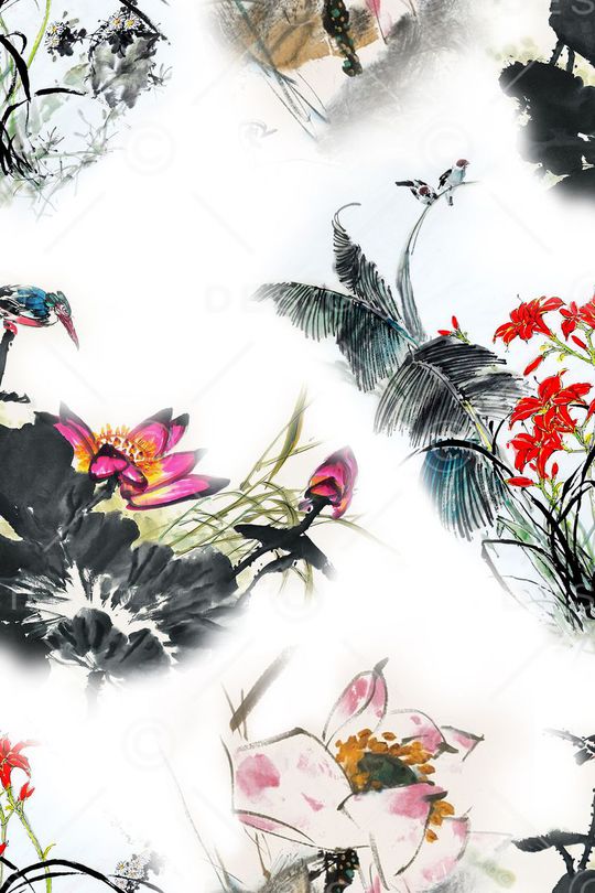 水墨花卉印花华亿平台图片