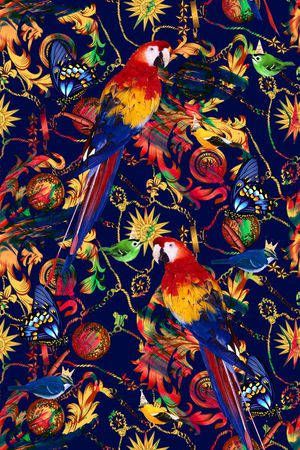 抽象几何清爽梦幻艺术平底立体手绘满版最新高清数码蕾丝民族中国风绣花珠宝肌理时尚潮

流大牌复古欧美风鹰鵡鸟印花华亿平台图片