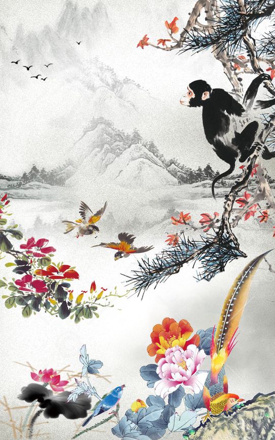 中国风水墨花鸟印花华亿平台图片