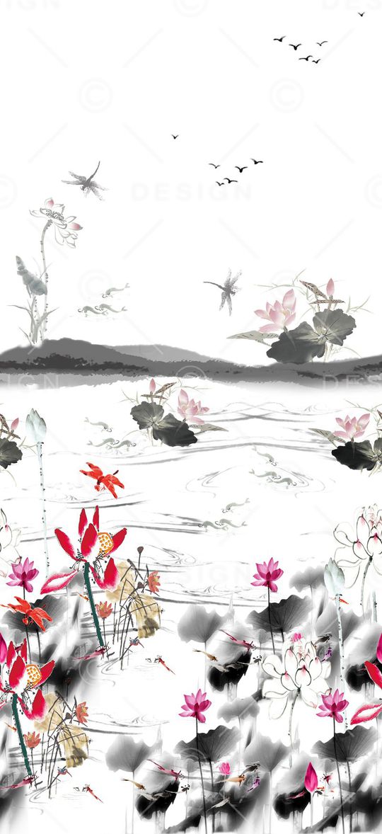 手绘荷塘水墨山水画印花华亿平台图片