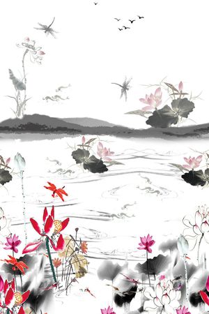 手绘荷塘水墨山水画印花华亿平台图片
