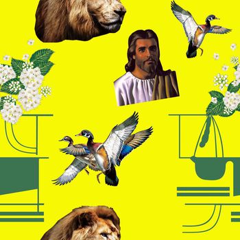 610887-老虎，花卉，几何黄色底