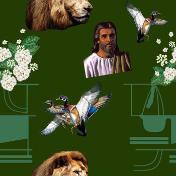 610888-老虎，花卉，几何军绿色底