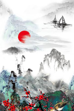 山水画印花华亿平台图片