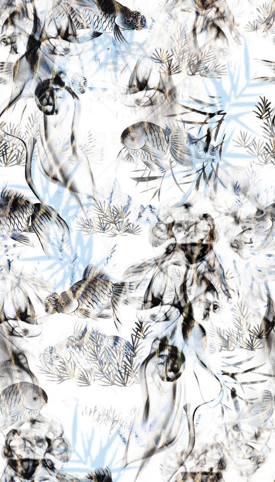 水墨烟雾、国画金鱼、竹子剪影印花华亿平台图片