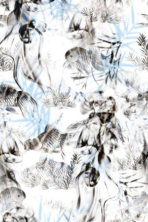 水墨烟雾、国画金鱼、竹子剪影印花华亿平台图片