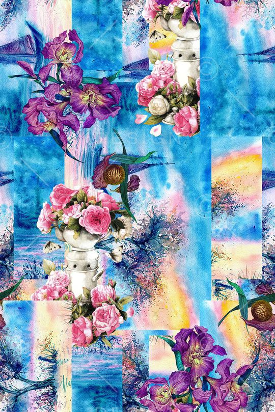 手绘水彩抽象花卉印花华亿平台图片