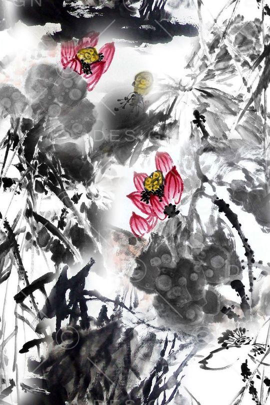 水墨荷花印花华亿平台图片