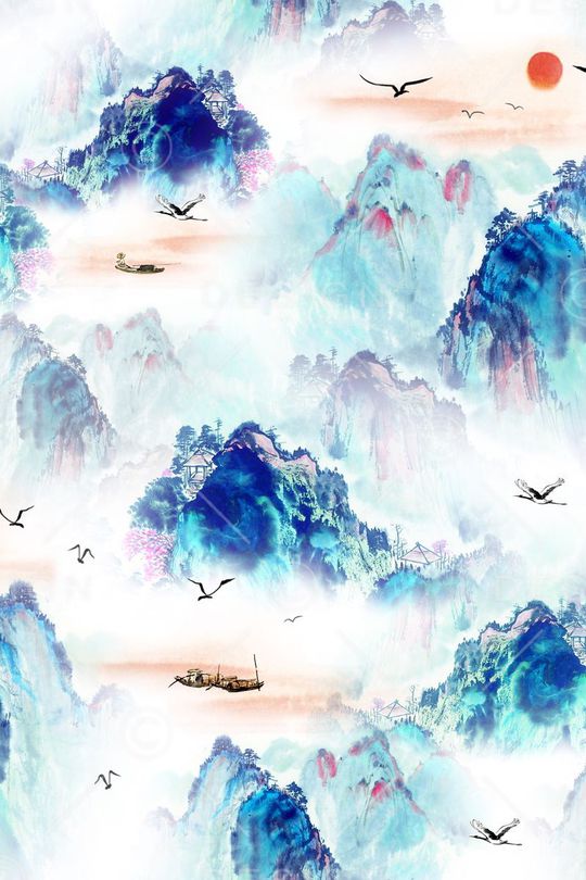 山水画印花华亿平台图片