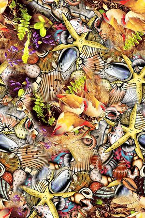 时尚手绘水彩画贝壳鸟海滩印花华亿平台图片