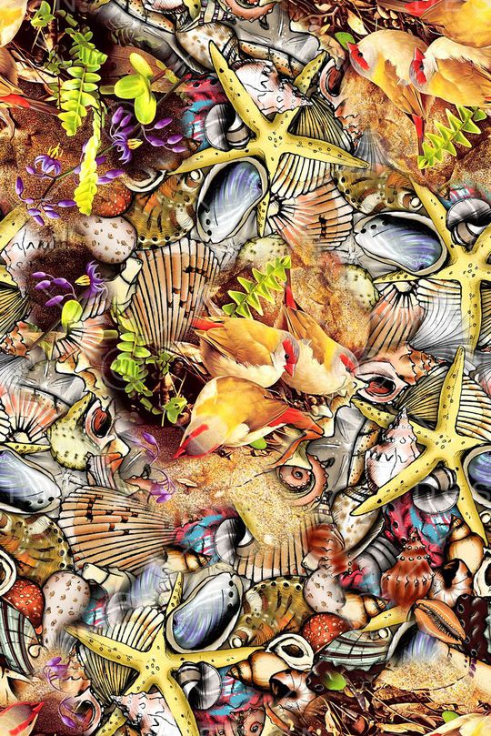 时尚手绘水彩画贝壳鸟海滩印花华亿平台图片