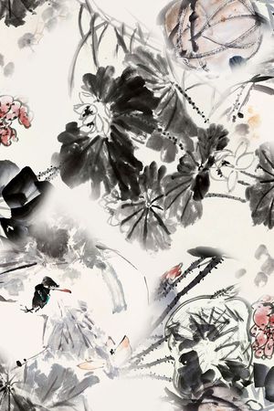 水墨荷花印花华亿平台图片
