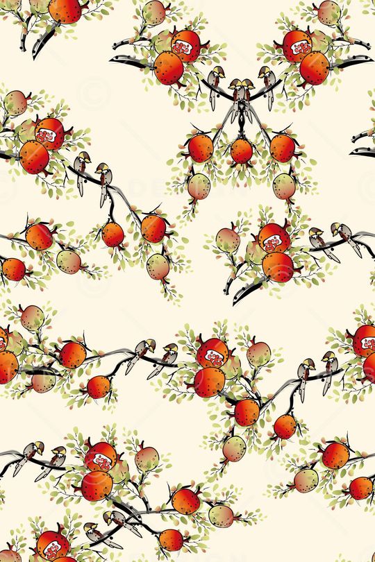 水墨荔枝鸟印花华亿平台图片